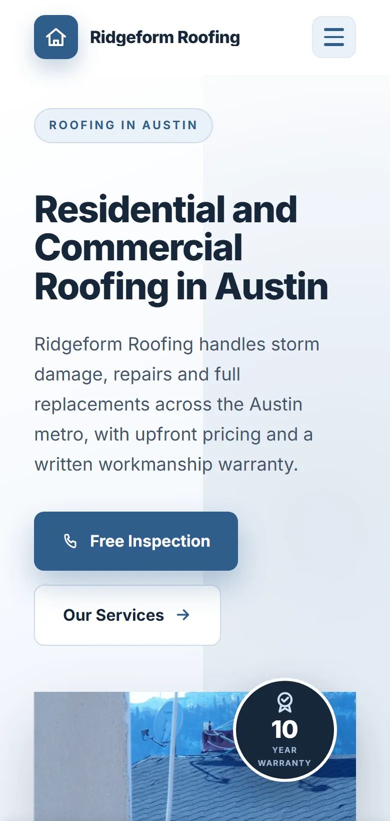 The same Ridgeform Roofing site on mobile